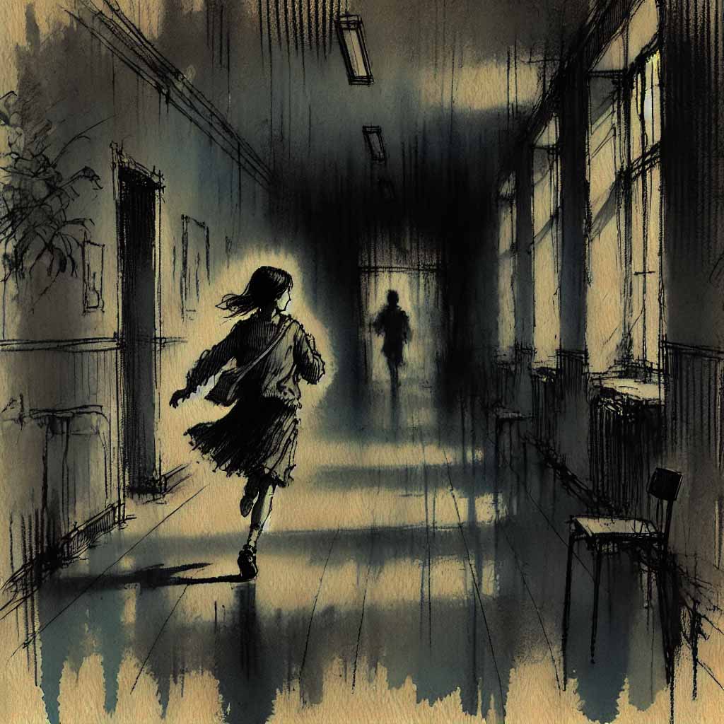 暗い廊下を逃げる中学生女子