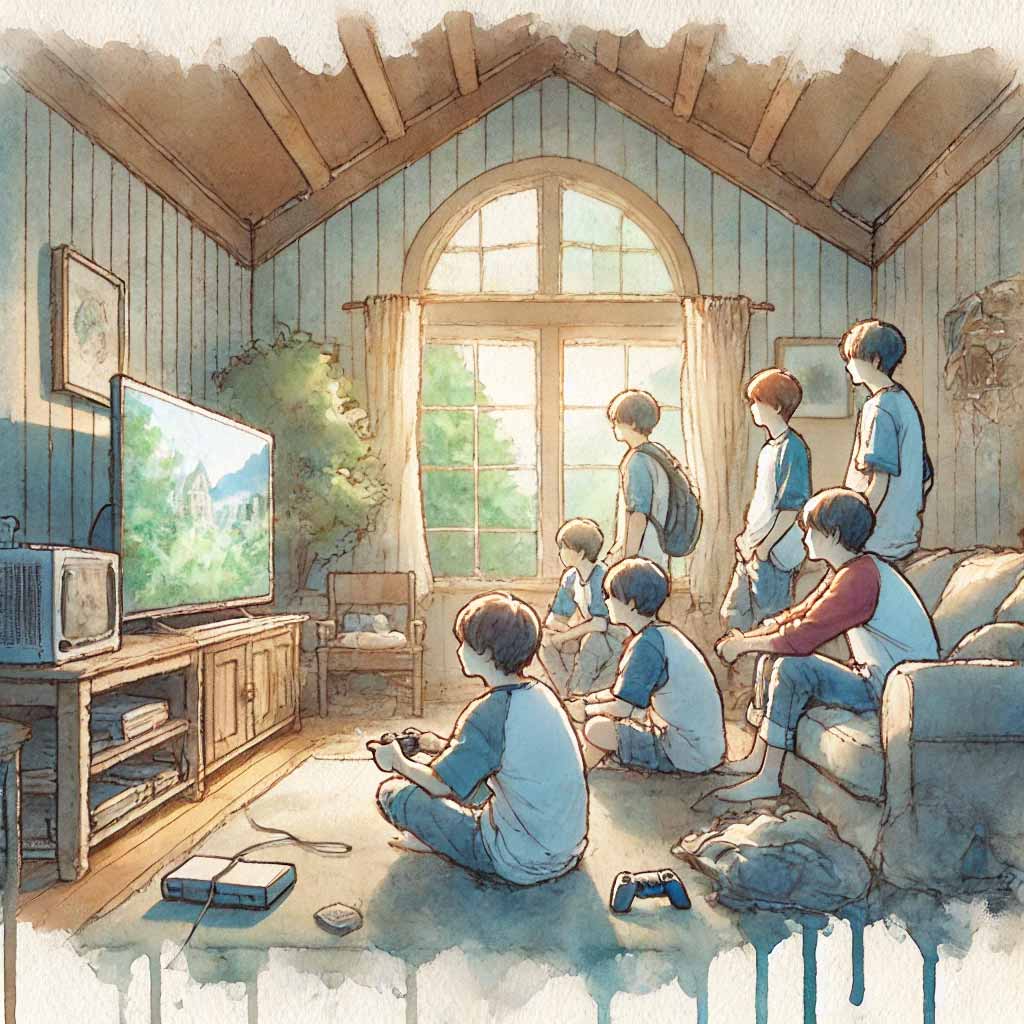 集まってゲームしている中学生男子