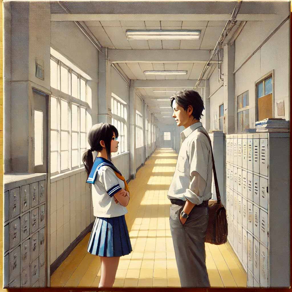 先生と話している女子中学生