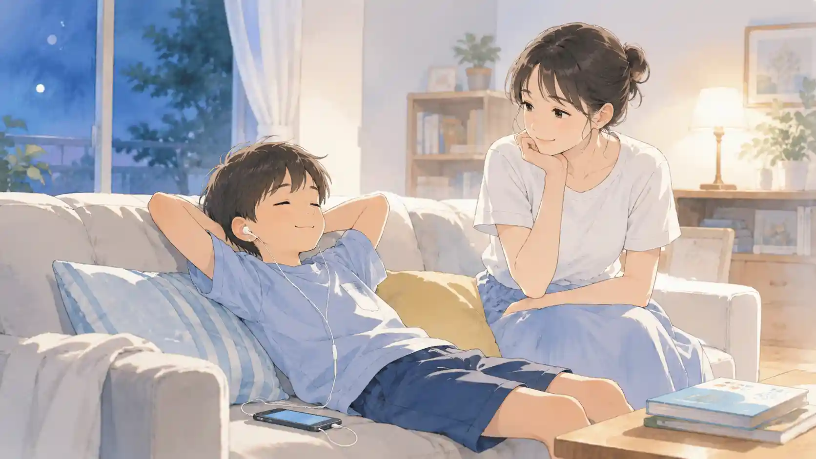 本が苦手な小学生が母親に見守られながらオーディオブックを聴く様子
