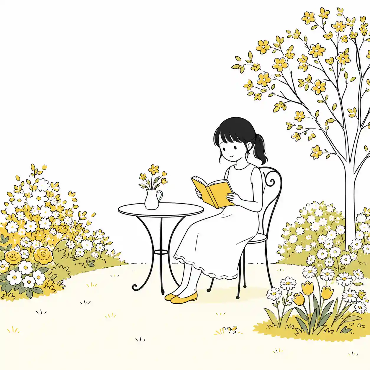 庭で本を読んでいる高学年女子