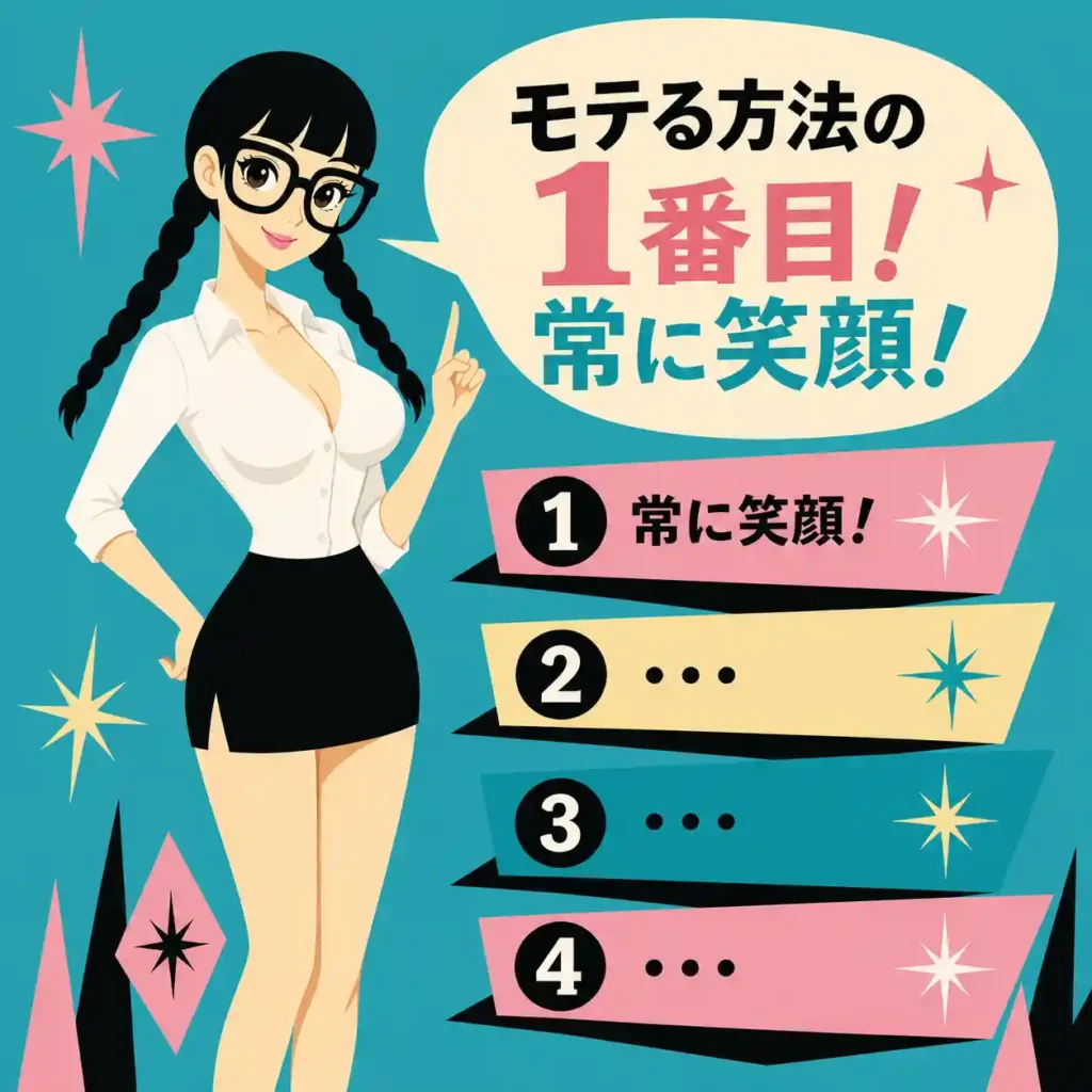 黒髪の三つ編みで丸メガネの女性が、笑顔をテーマにしたモテる方法のインフォグラフィックを指さして説明するレトロ風ポスター