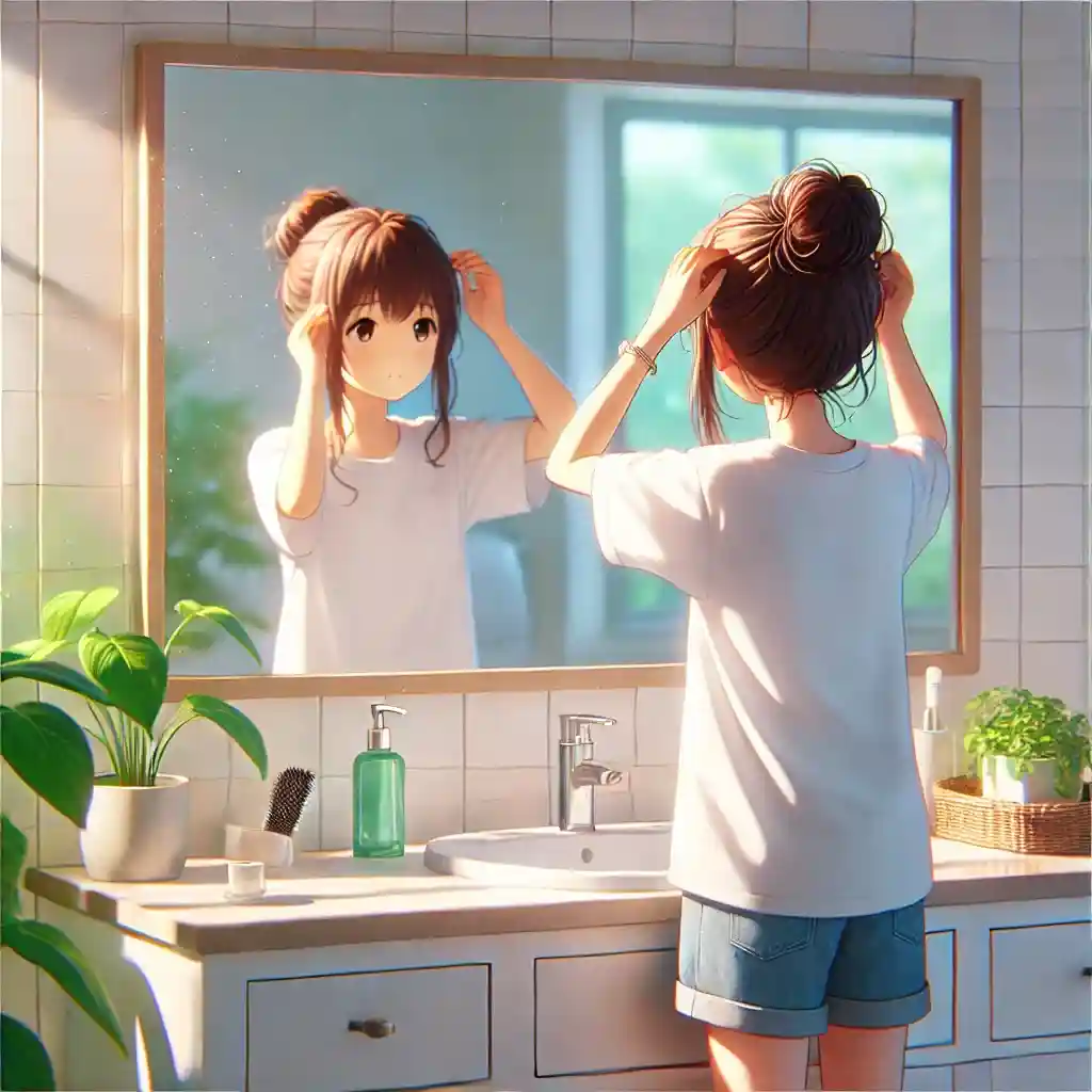 鏡の前でチェック中の女子