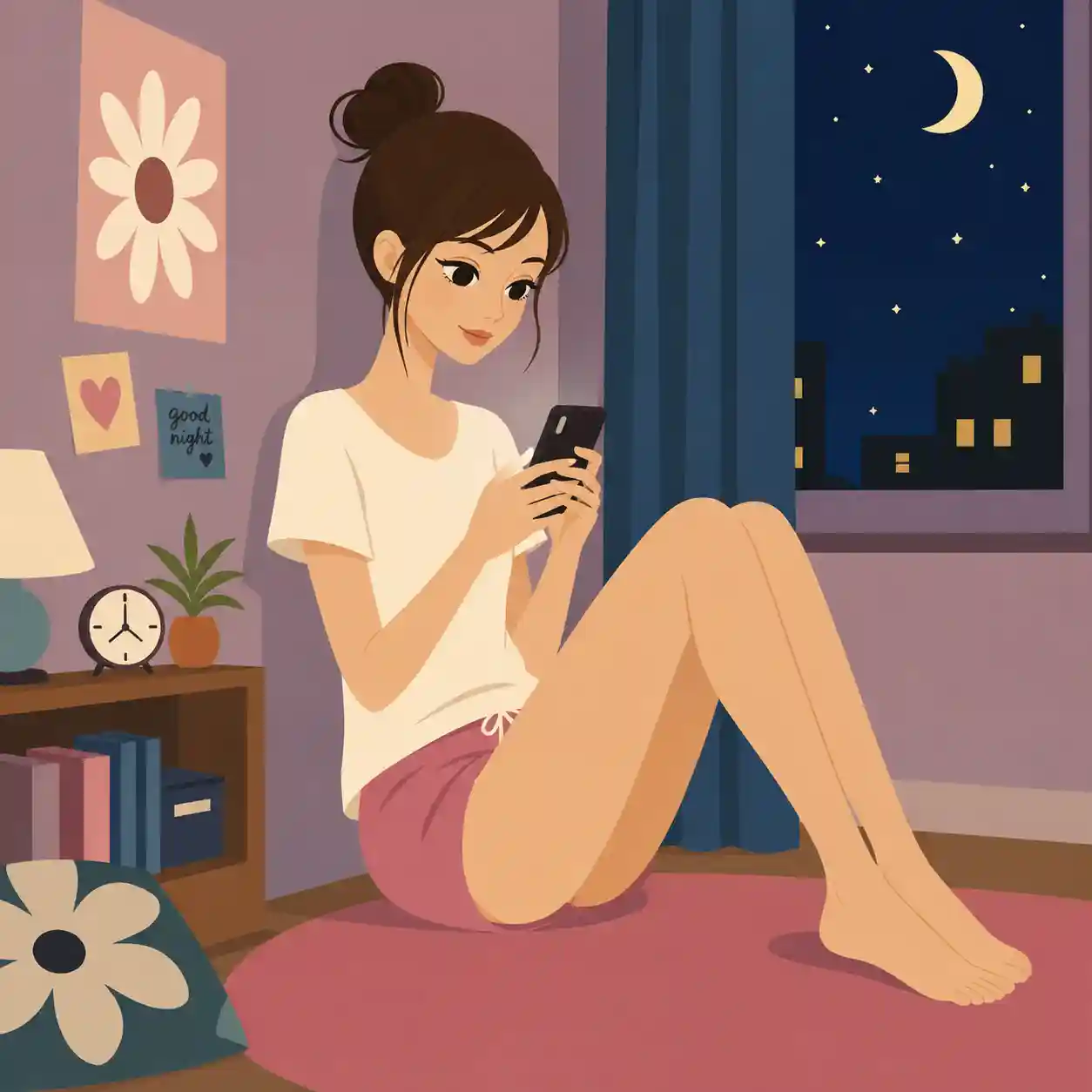 夜にメッセージしている女子
