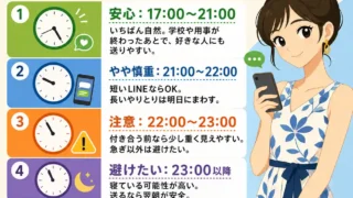 "好きな人にLINEしていい時間の目安をまとめたインフォグラフィック。17〜21時は安心、21〜22時はやや慎重、22〜23時は注意、23時以降は避けたい、朝は8時以降が目安。右側にスマホを持つ女性のイラスト。"