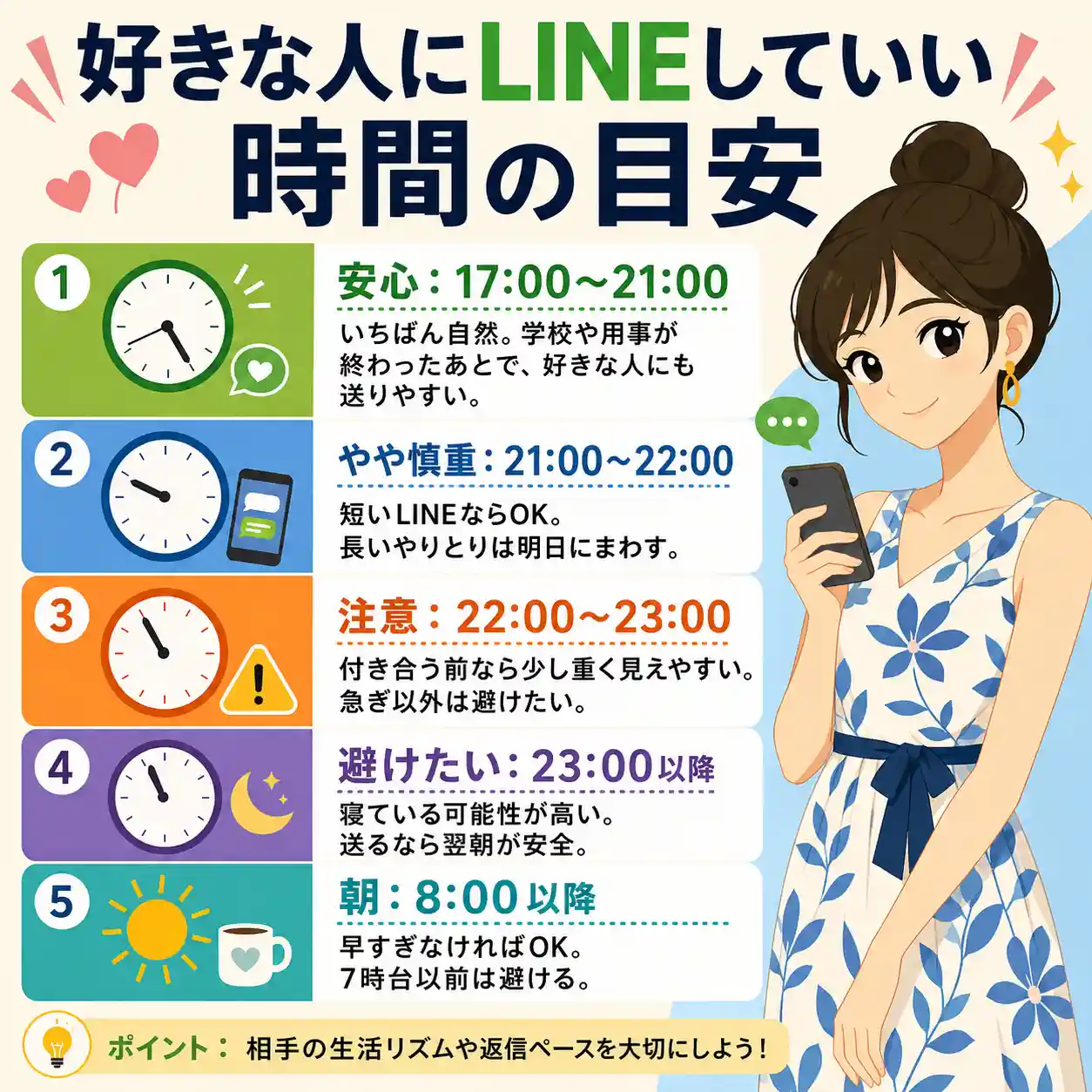 好きな人にLINEしていい時間の目安をまとめたインフォグラフィック。17〜21時は安心、21〜22時はやや慎重、22〜23時は注意、23時以降は避けたい、朝は8時以降が目安。右側にスマホを持つ女性のイラスト。