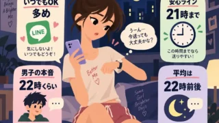 夜、LINEを送る時間を気にして時計を見る女子と、21時・22時前後の目安を示したイラスト