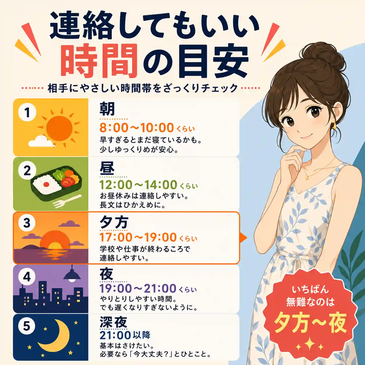 好きな人にLINEやメッセージを送る時間帯の目安を、朝・昼・夕方・夜・深夜に分けてまとめた正方形のインフォグラフィック。夕方から夜が無難な時間として強調されている。