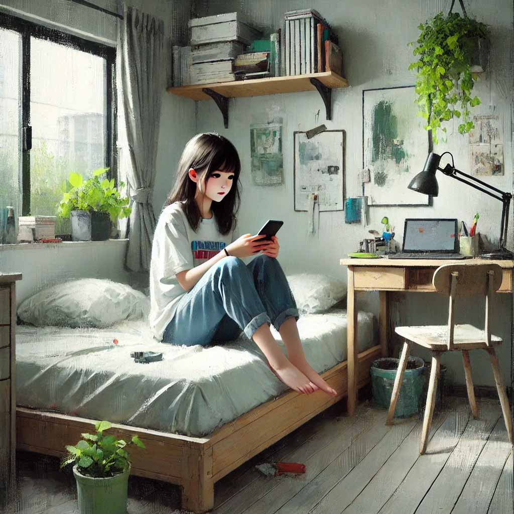 自分の部屋でスマホを見ている中学生女子