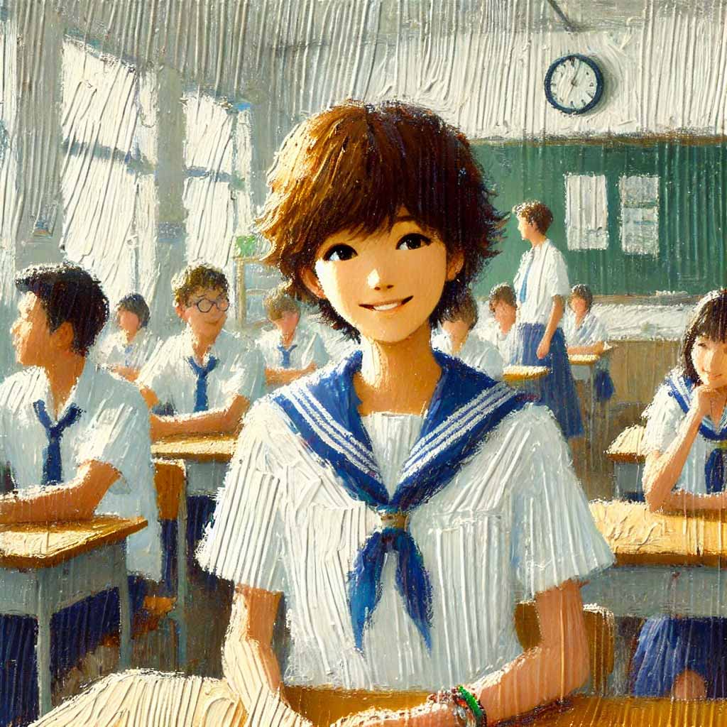 クラスメートと笑顔で会話中の中学生女子
