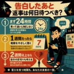 告白後の返事を待つ期間を、24時間・1週間・2週間以上の3段階で整理したレトロ調インフォグラフィック。スマホを持つ学生と時計、カレンダー、ハートのアイコンで待ち方の目安を示している。
