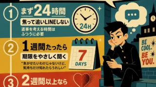 告白後の返事を待つ期間を、24時間・1週間・2週間以上の3段階で整理したレトロ調インフォグラフィック。スマホを持つ学生と時計、カレンダー、ハートのアイコンで待ち方の目安を示している。