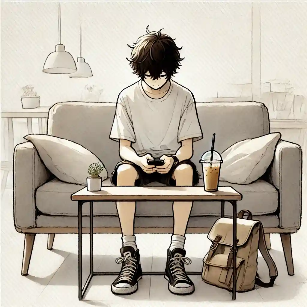 カフェで不安げにLINEを見ている男子