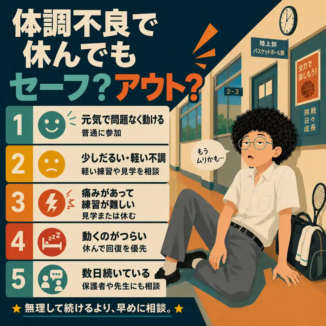 体調別に部活への参加・見学・休む判断と相談の目安を示したインフォグラフィック