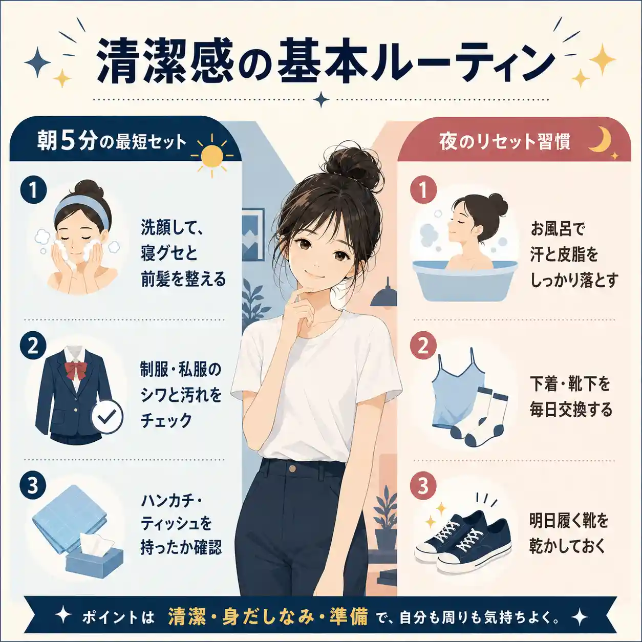 清潔感を作るルーティーンのインフォグラフィック