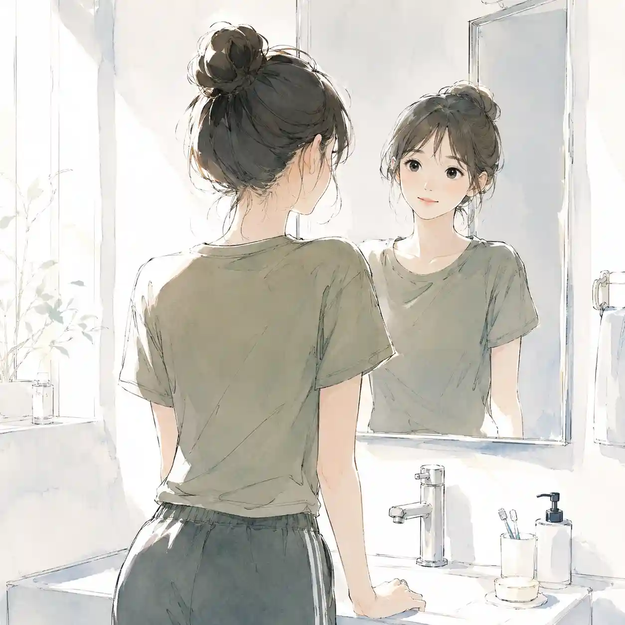 鏡を覗き込んでいる女子