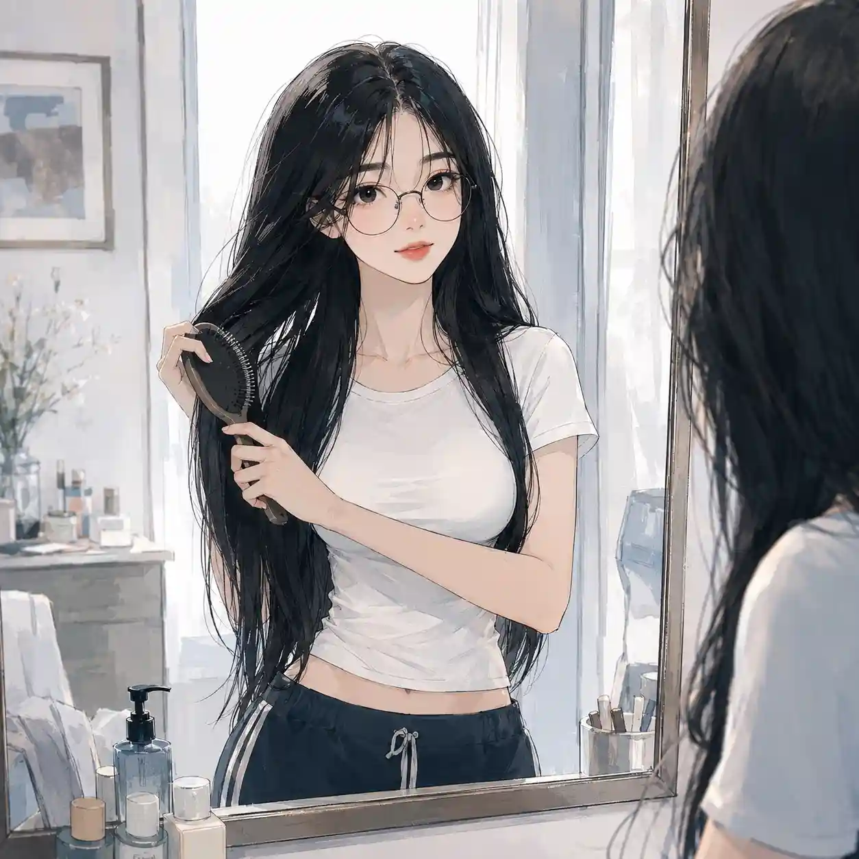 上にブラシをかける女子