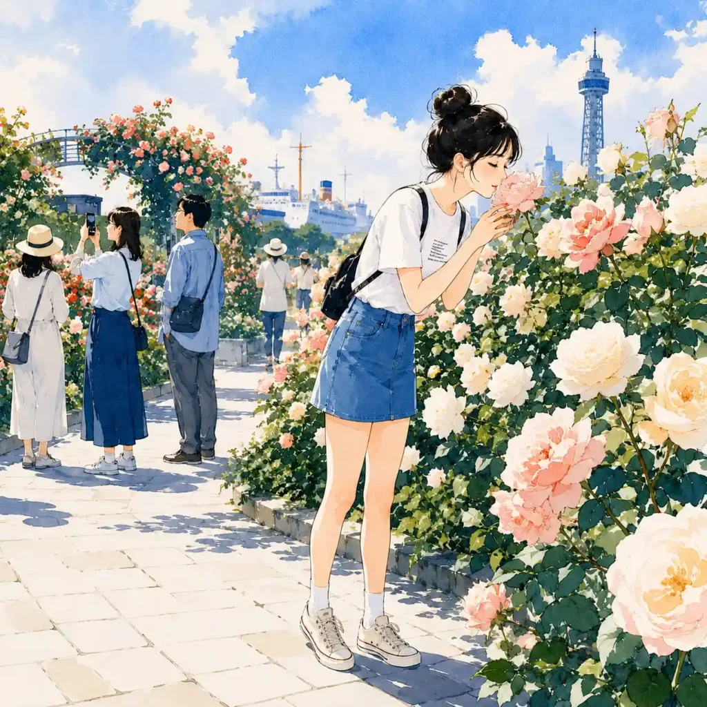 バラの匂いを嗅ぐ女子