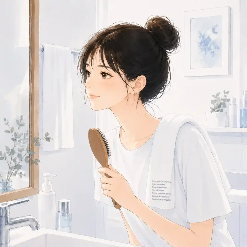 髪を整える女子