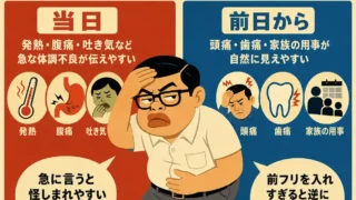 当日と前日で言いやすい仮病・理由の違いを説明するインフォグラフィック。発熱・腹痛・吐き気は当日、頭痛・歯痛・家族の用事は前日から伝えやすいと示し、体調不良を装う男性と注意点の吹き出しが描かれている。
