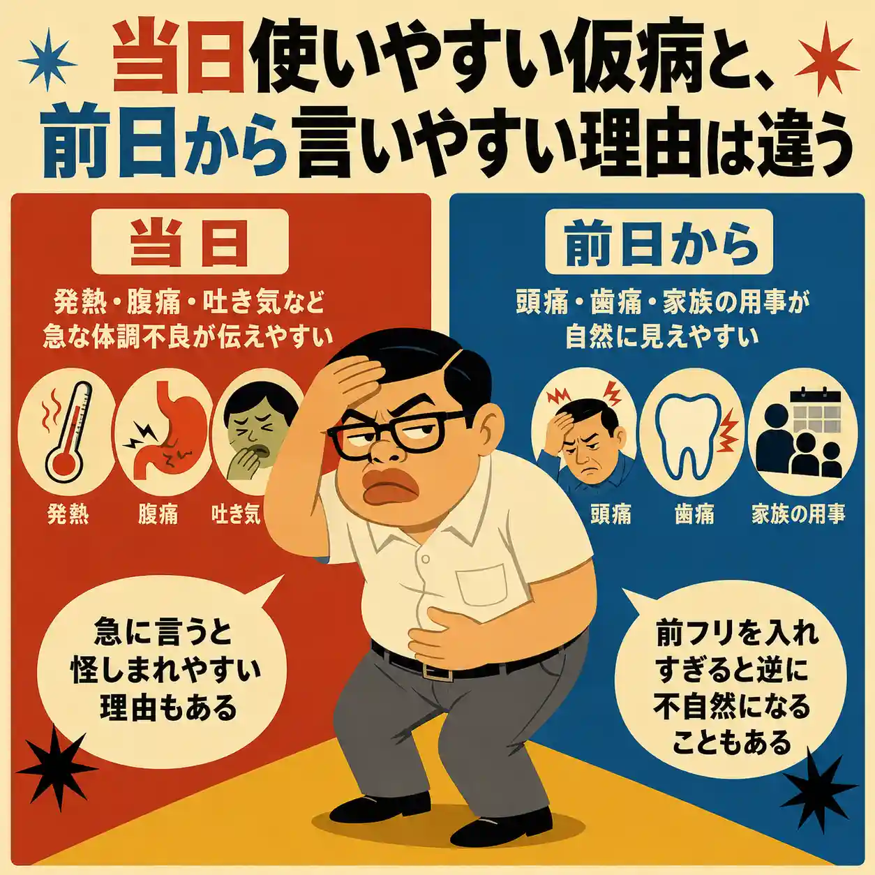 当日と前日で言いやすい仮病・理由の違いを説明するインフォグラフィック。発熱・腹痛・吐き気は当日、頭痛・歯痛・家族の用事は前日から伝えやすいと示し、体調不良を装う男性と注意点の吹き出しが描かれている。