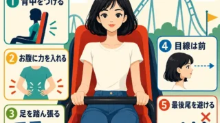 ジェットコースターでお腹がフワッとする感覚を減らすために、背中をつける・お腹に力を入れる・足を踏ん張る・目線を前にする・最後尾を避けるコツを示したインフォグラフィック。