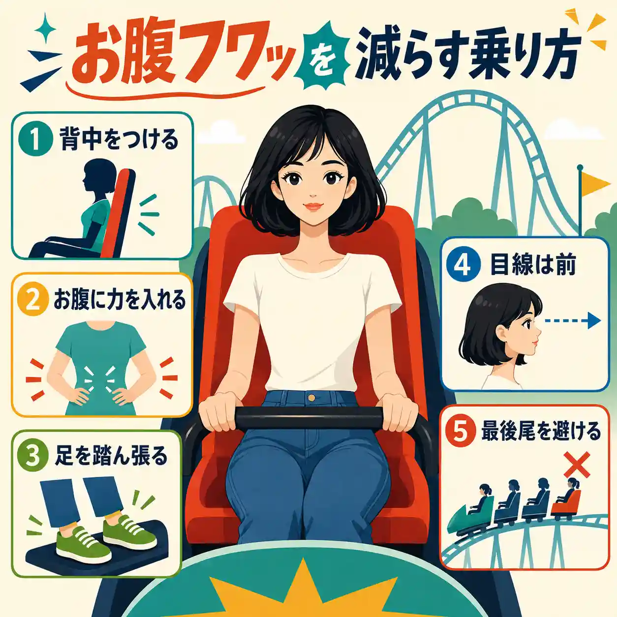 ジェットコースターで背中をつける、お腹を軽く締める、足を安定させる、前を見る、最後尾を避ける対策をまとめた図。