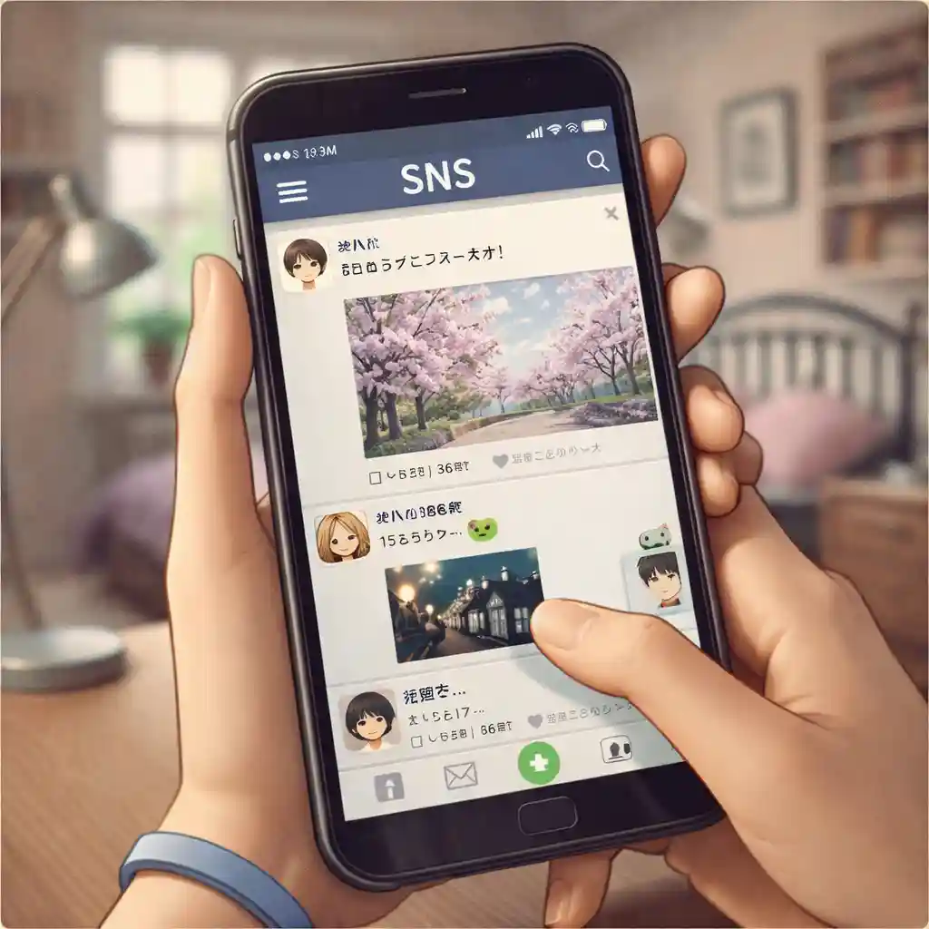 SNS画面を見る中学生女子