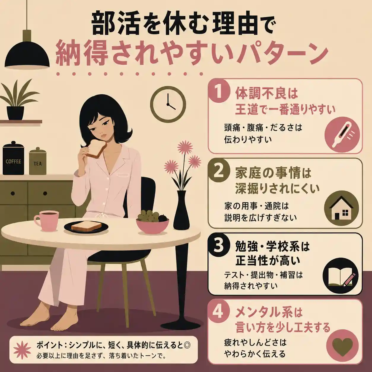 部活を休む理由で納得されやすい4つのパターンをまとめた図解