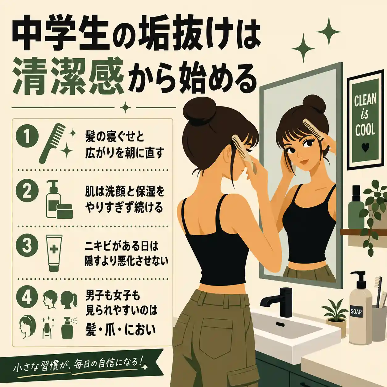 洗面台で髪を整える女性と、中学生の垢抜けは清潔感から始めることを伝えるインフォグラフィック。髪・肌・ニキビ・においの整え方を紹介している。