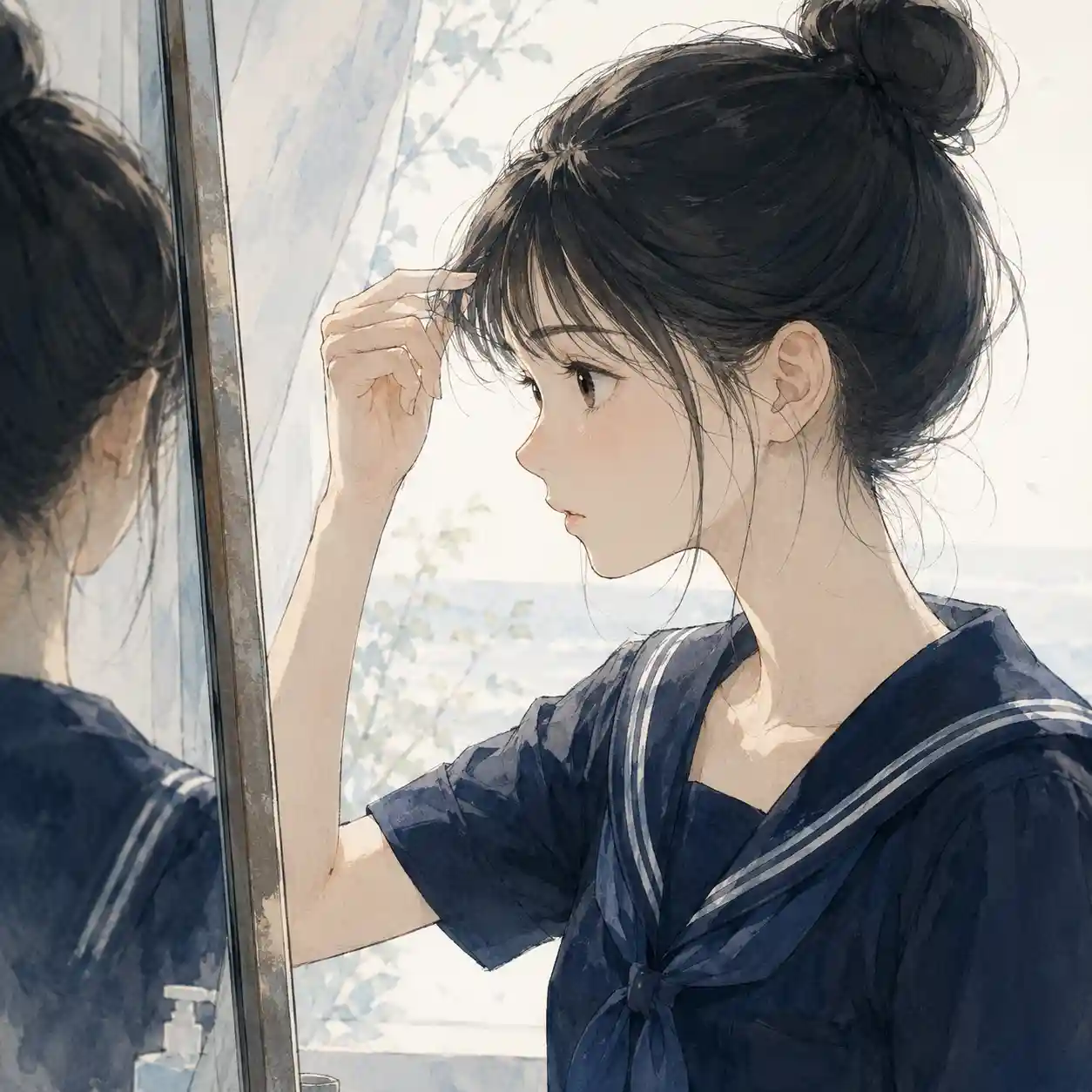 前髪を気にする女子