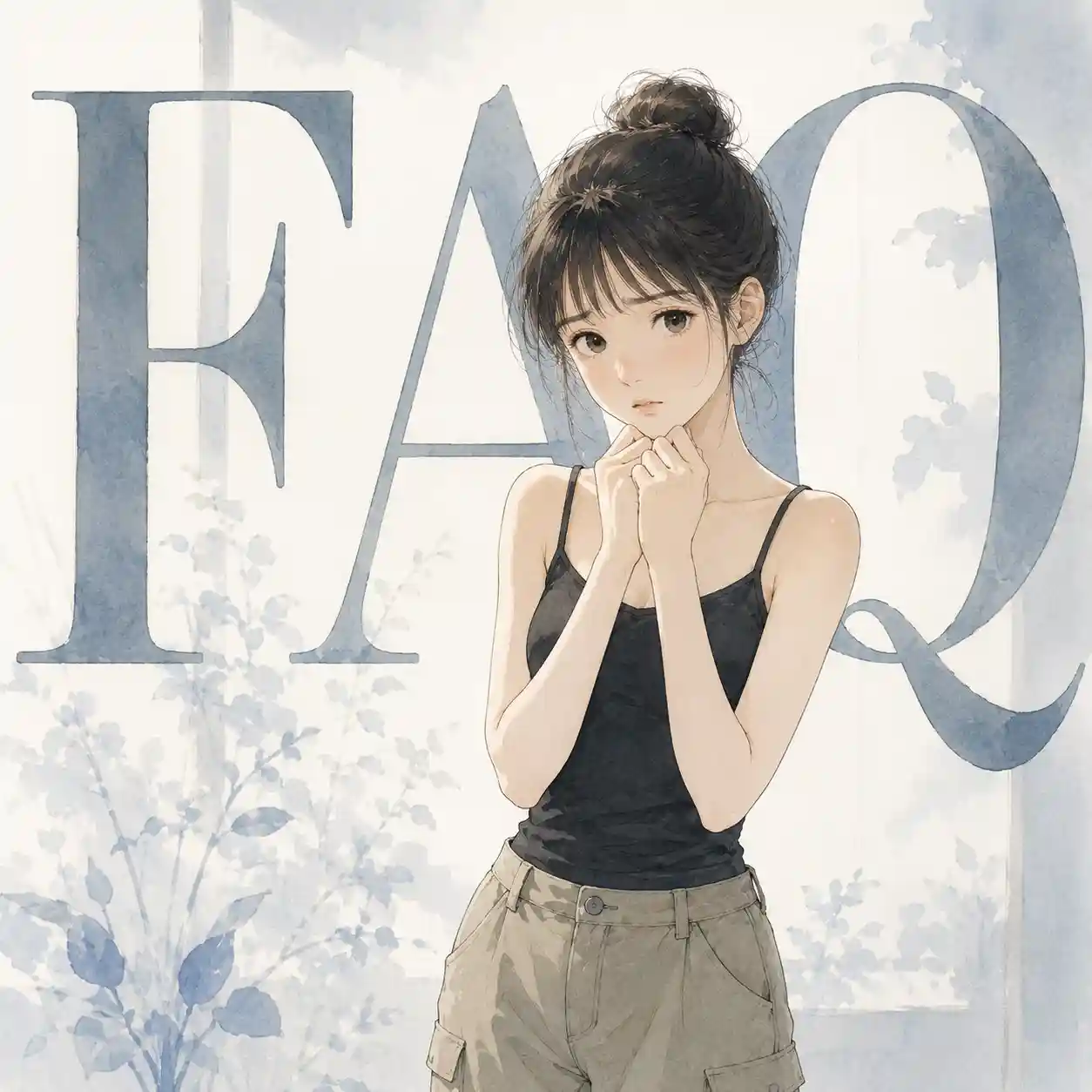 FAQの文字の前で不安がっている女子