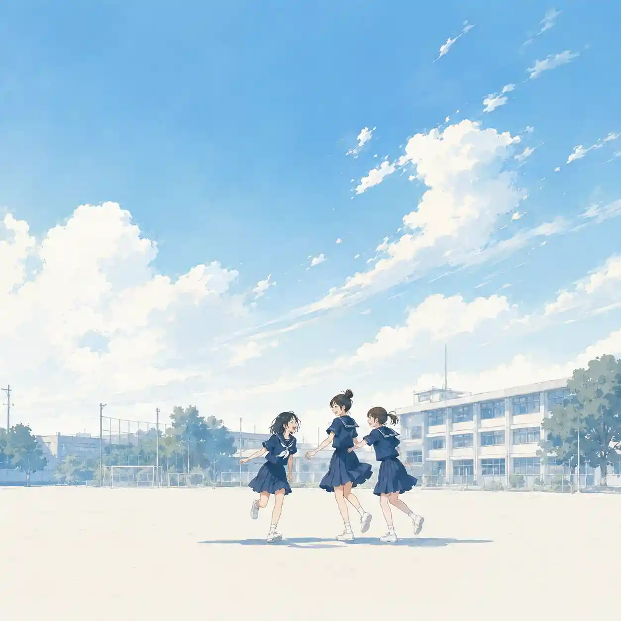 校庭でふざけている女子三人
