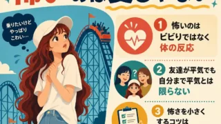 ジェットコースターを見て不安そうに立つ白キャップの女子と、「怖いのは変じゃない」「体の反応」「友達が平気でも自分まで平気とは限らない」など3つのポイントをまとめたインフォグラフィック。