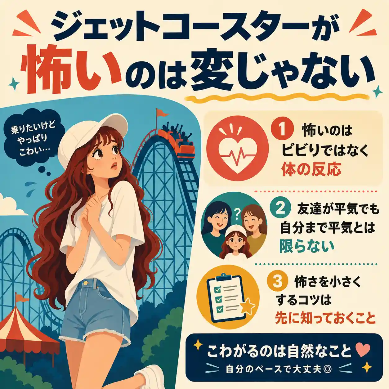 ジェットコースターを見て不安そうに立つ白キャップの女子と、「怖いのは変じゃない」「体の反応」「友達が平気でも自分まで平気とは限らない」など3つのポイントをまとめたインフォグラフィック。