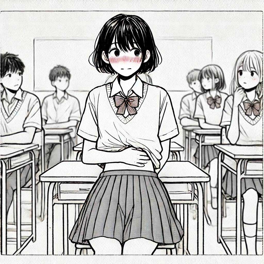 授業中お腹が鳴って恥ずかしそうな中学生女子