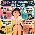 好きと言ってくれない男子の4つの心理を、じれている少女と恥ずかしがる男子たちのイラストで解説したインフォグラフィック。