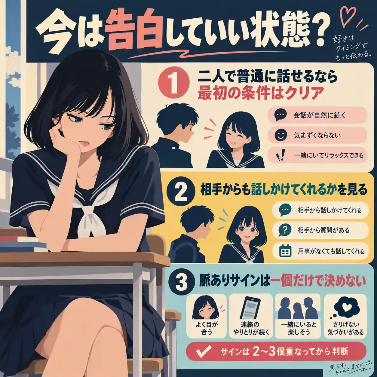 告白していい状態かを解説するインフォグラフィック。机に頬杖をつくセーラー服の女子生徒と、二人で話せるか・相手から話しかけてくれるか・脈ありサインは一つで決めない、の3つの判断ポイントを示している