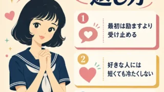 負けたと言われた時の返し方を、セーラー服の女子学生と3つのポイントで示したインフォグラフィック