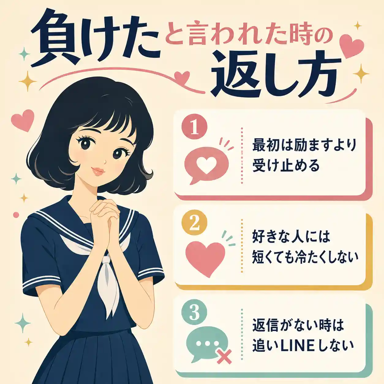 負けたと言われた時の返し方を、セーラー服の女子学生と3つのポイントで示したインフォグラフィック