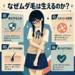 ムダ毛が生える理由を、体を守る役割・ホルモンの影響・毛ができる仕組み・悪いものではないという4点で説明した女子学生のインフォグラフィック