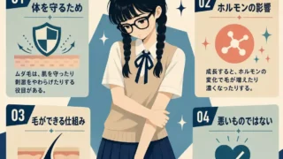 ムダ毛が生える理由を、体を守る役割・ホルモンの影響・毛ができる仕組み・悪いものではないという4点で説明した女子学生のインフォグラフィック