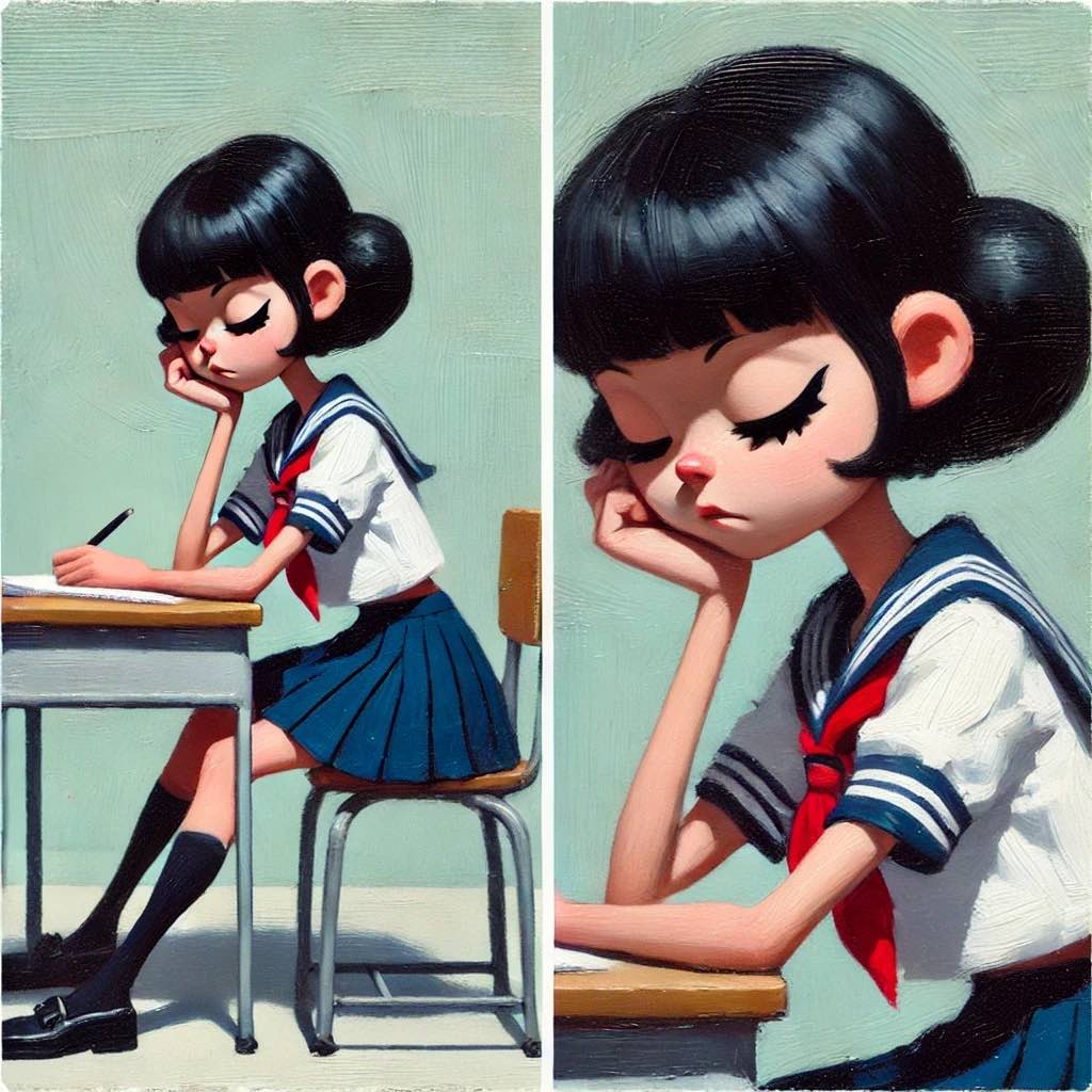 ペンを持ったまま寝ている女生徒