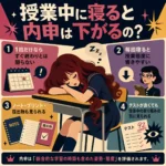 授業中に机に突っ伏して寝ている女子生徒を中心に、内申への影響を「1回だけならすぐ終わりとは限らない」「毎回寝ると授業態度に響きやすい」「ノート・プリント・提出物も見られる」「テストが良くても授業中の取り組みは別に見られる」の4点で整理したインフォグラフィック
