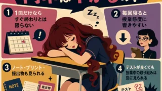 授業中に机に突っ伏して寝ている女子生徒を中心に、内申への影響を「1回だけならすぐ終わりとは限らない」「毎回寝ると授業態度に響きやすい」「ノート・プリント・提出物も見られる」「テストが良くても授業中の取り組みは別に見られる」の4点で整理したインフォグラフィック