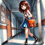 夜の学校　廊下　にいる中学生女子