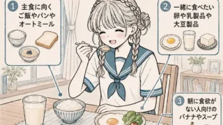 お腹が鳴りにくい朝食を食べる女子中学生と食べ物の選び方