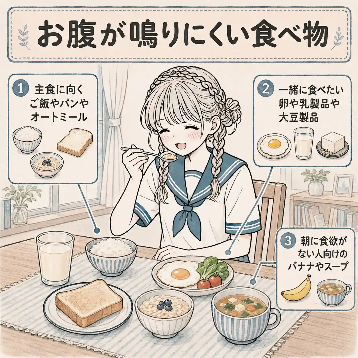 お腹が鳴りにくい朝食を食べる女子中学生と食べ物の選び方
