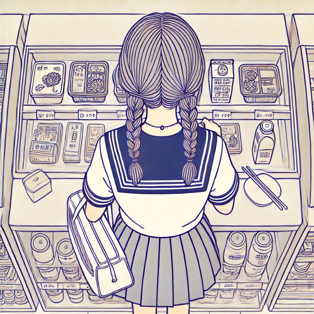 コンビニでお昼を選んでいる中学生女子