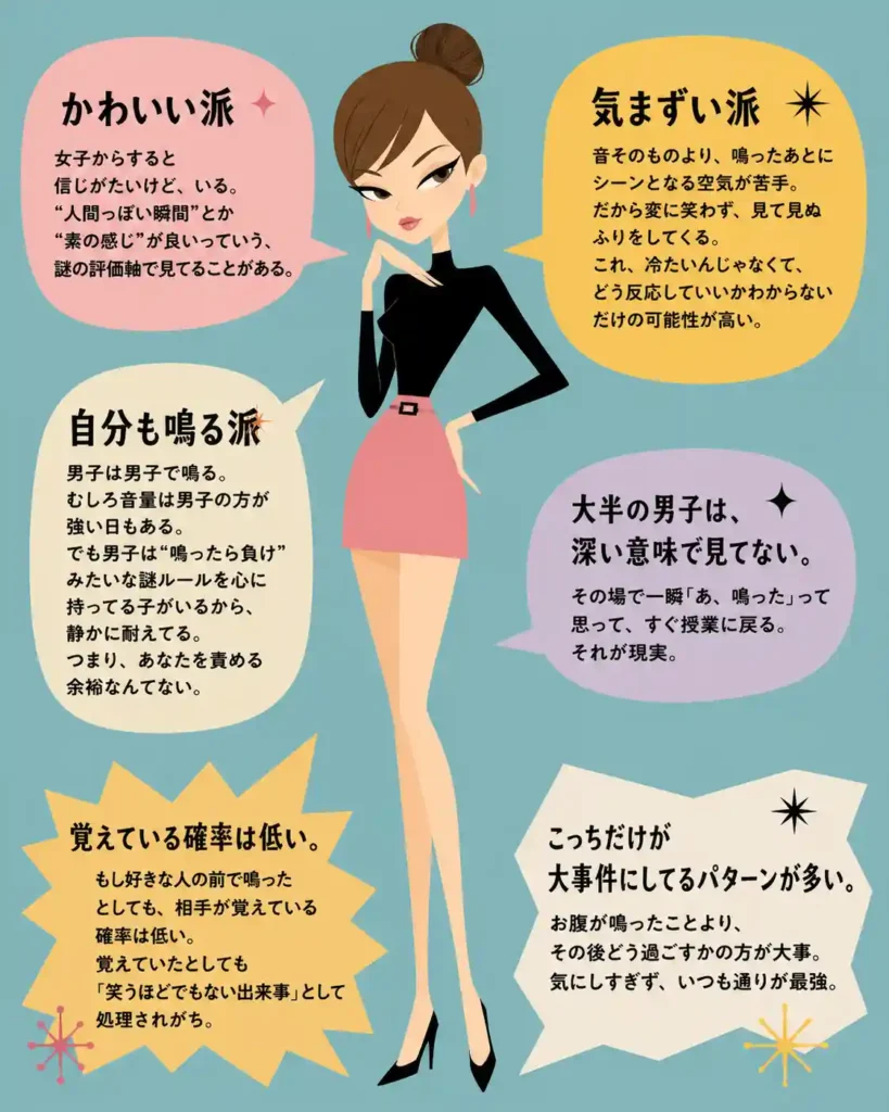 中学生女子が中央に立ち、周囲に「かわいい派」「気まずい派」「自分も鳴る派」など男子の本音を示す吹き出しが配置された、レトロポップなフラットデザインの図
